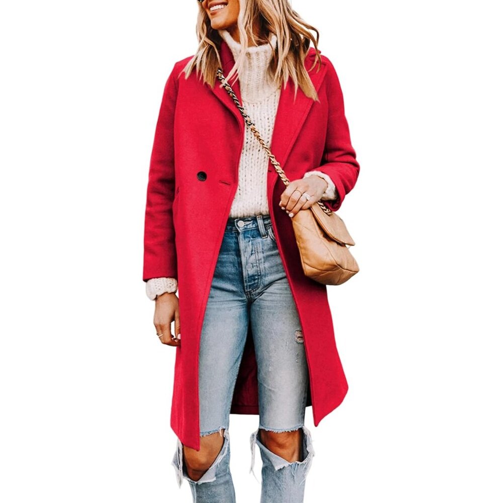 ✨ Women's Red Notch Lapel Double Breasted Wool Blend Mid Long Pea Trench Coat
